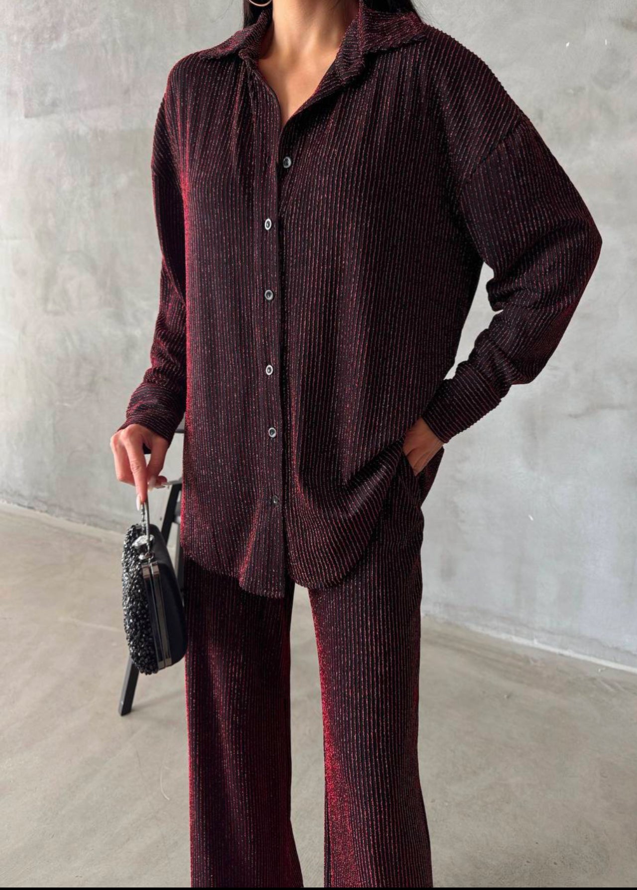 Bordeaux glitter blouse en broek set