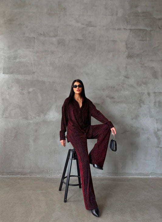 Bordeaux glitter blouse en broek set